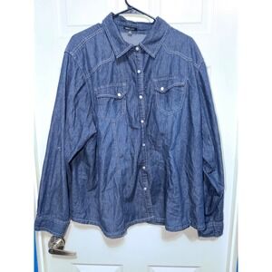 New Look Womens 3X Blue Denim Western Snap Button Down Roll Tab Sleeve Shirt